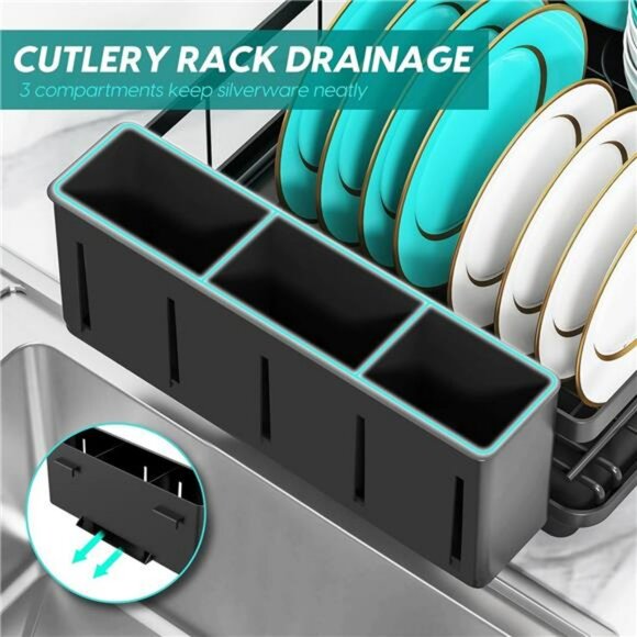 Black Dish Drying Rack Kitchen Counter Rustproof Utensil Holder Space Saver - Picture 5 of 7